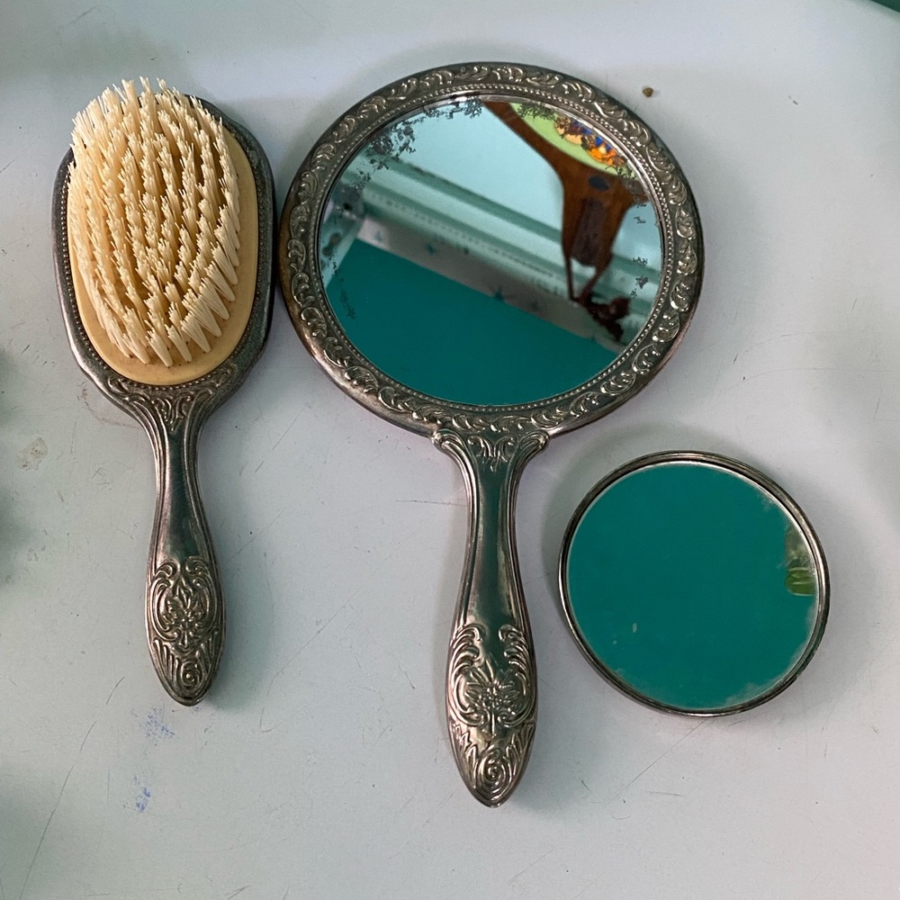 Vintage  metal brush and mirrors vanity set